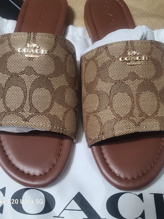 Coach Shoes - NWOT Coach Brown Monogram Slide Sandals with Gold Logo Women 9M
